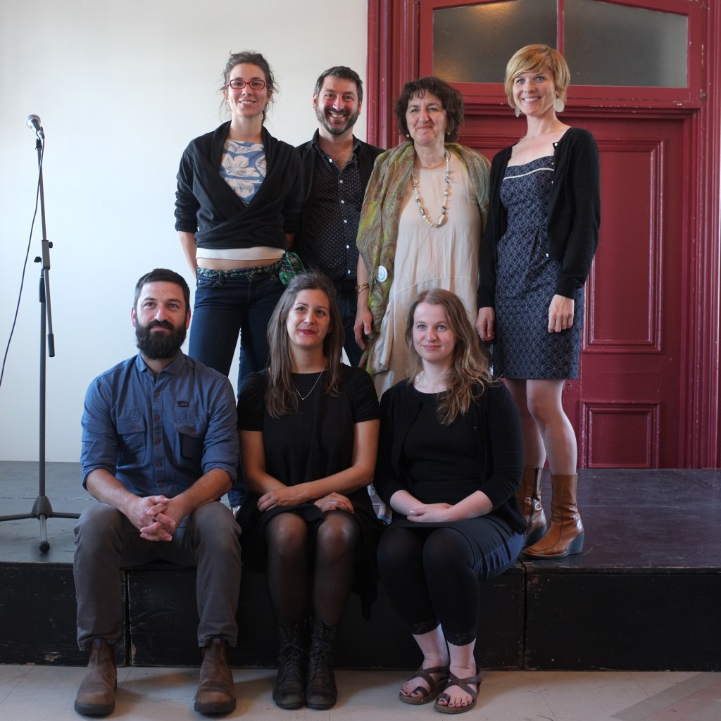 Les artistes et le commissaire.  Jérôme Guibord, Jacinthe Robillard, Catherine Tremblay, Annabelle Fouquet, Baptiste Grison, Fernande Forest et Ève Cadieux